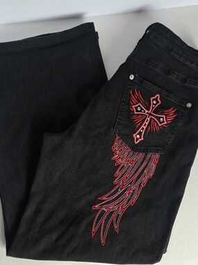 Hot Topic Black Straight Cut Jeans with Red Embroidered Cross & Wing